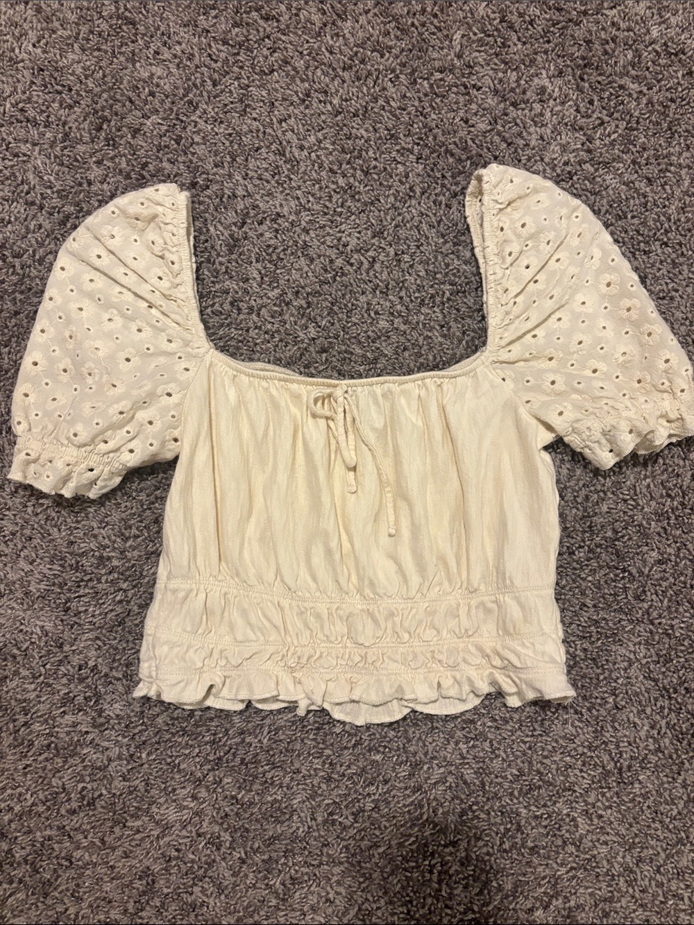 Urban Outfitters Cream Eyelet Puff Sleeve Crop Top